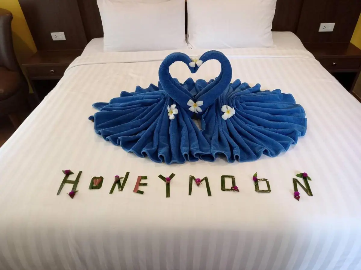 Honeymoon turndown with petals and towel-art